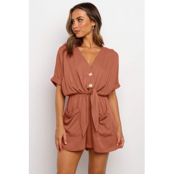 Army Green V Neck Tunic Romper with Pockets Rust Black